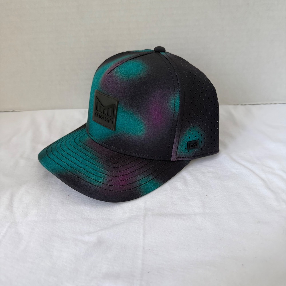 Melin Hydro Odyssey Stacked Aura Hat Men CL Black Teal Purple Snapback NWT